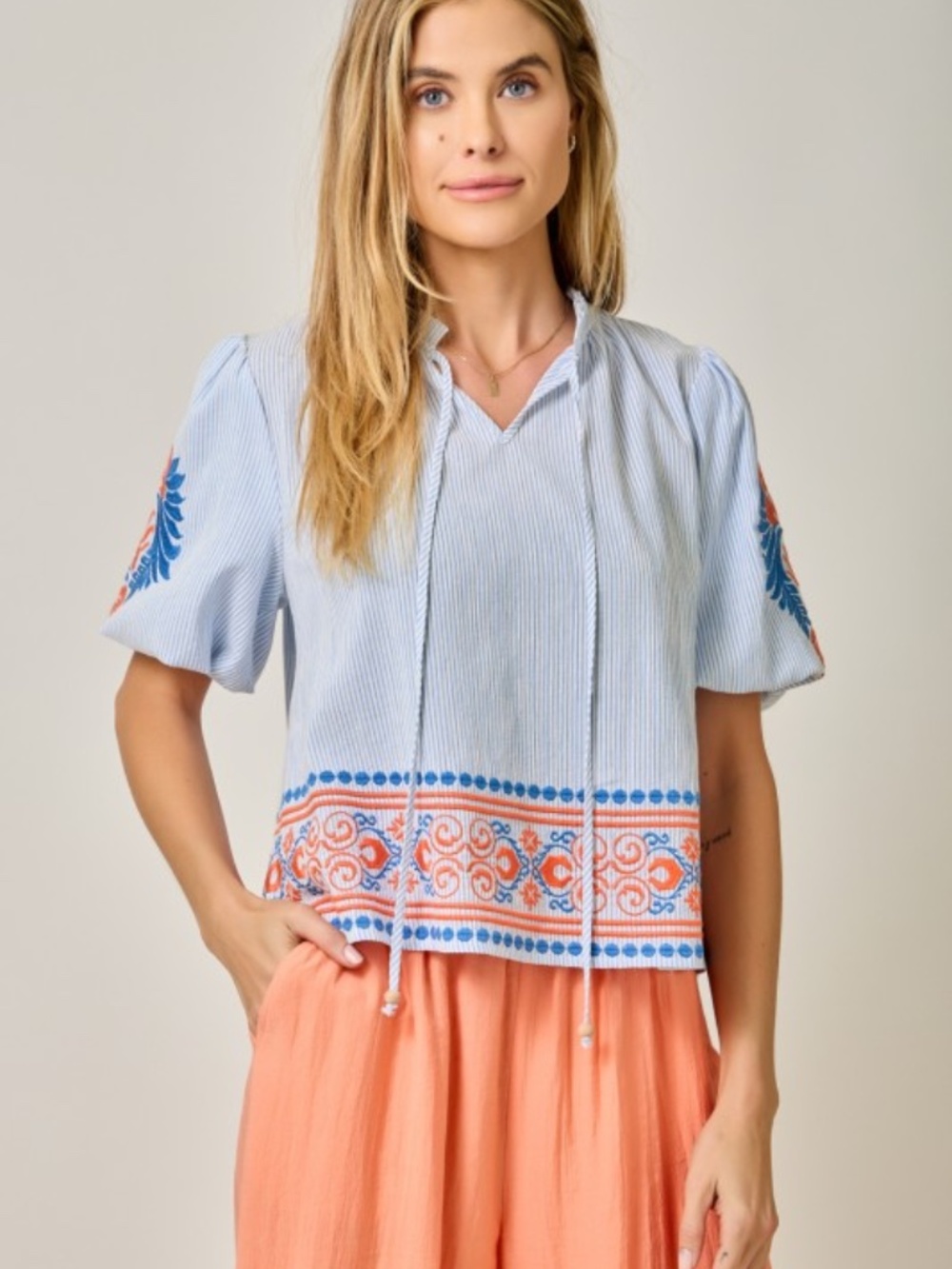 "The Alisha" Abstract Embroidered Pinstripe Blouse